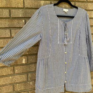 J. JILL Blue Striped Cotton Button Down Tassel Top